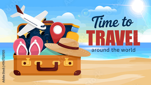 Time to travel around the world with luggage on beach vacation