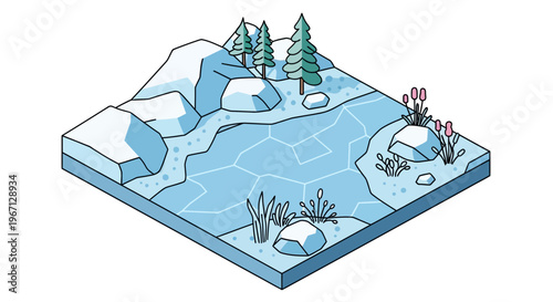 Winter Landscape Scene with Frozen Pond and Pine Trees.