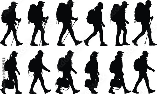 Black silhouettes set of travelers with backpacks, hikers with trekking poles, and people walking with bags isolated on white background
