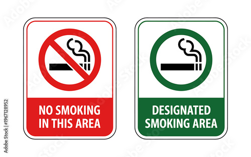 Smoking signs no smoking and designated smoking area warning boards