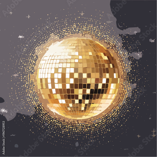 Schwarzer Hintergrund mit goldener Disco-Kugel und radialem Punktmuster – Luxus Party-Design
