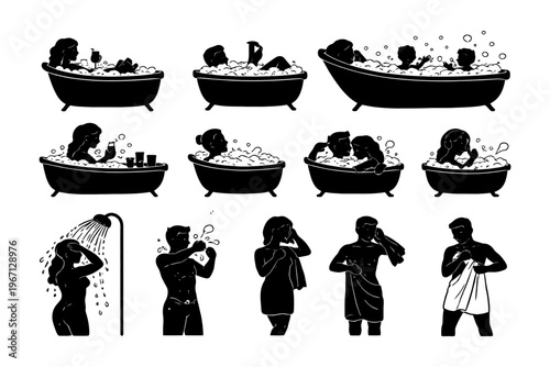 Silhouette illustrations of people bathing and showering in bathtubs.