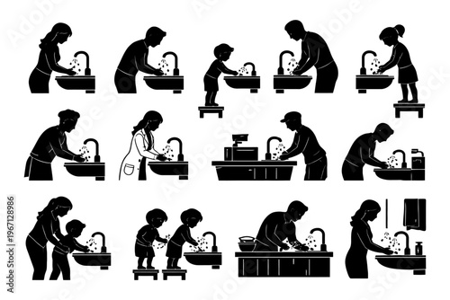 Silhouette illustrations of diverse people handwashing in various settings.
