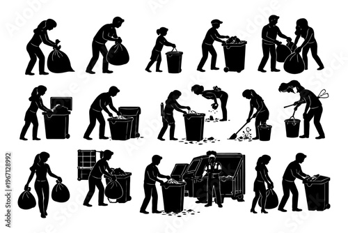 Silhouette figures engaged in various garbage collection and recycling activities.
