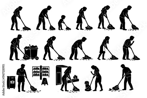 Silhouette of people cleaning and performing household chores.