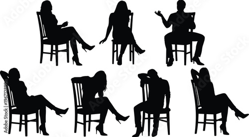 Black silhouettes set of people sitting in chairs, relaxing, talking, and leaning in various casual and professional poses, isolated on white