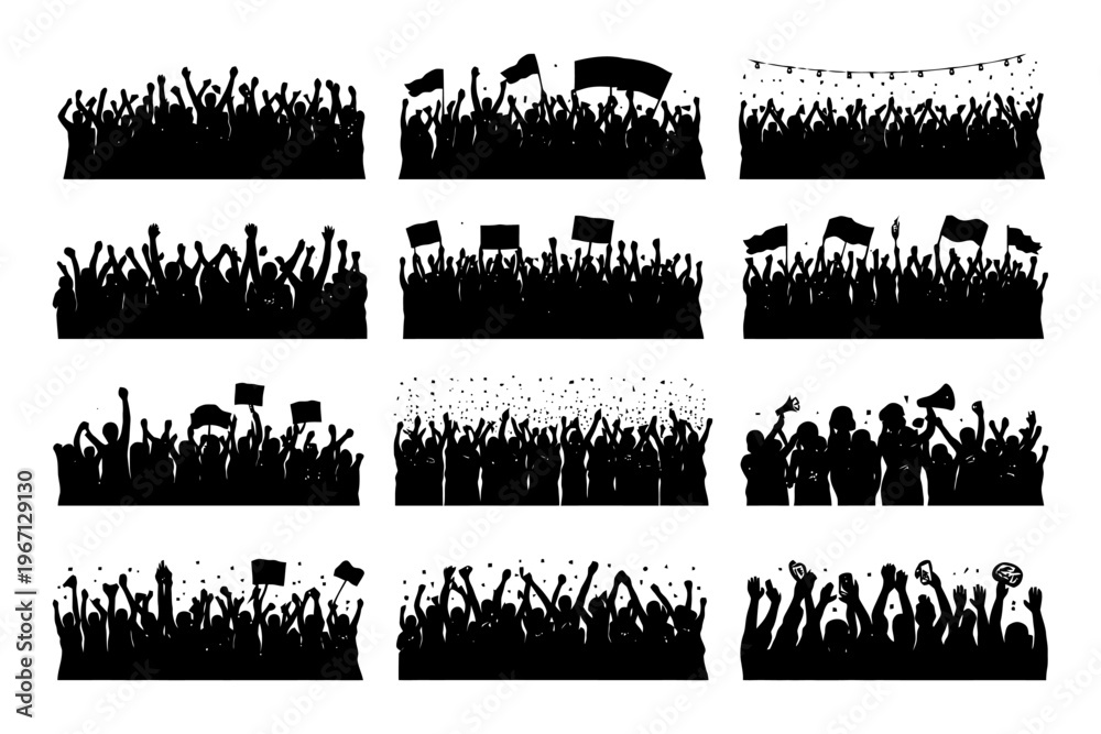 Obraz premium Silhouetted diverse crowds celebrating and protesting in various poses.
