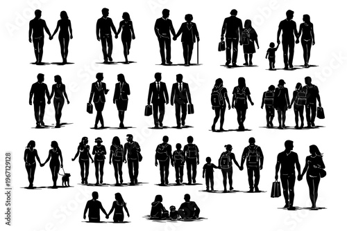 Diverse groups of silhouetted people walking and interacting.
