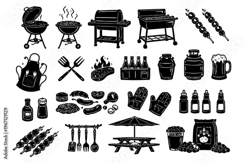 Barbecue essentials: grill tools, food, drinks, and picnic table silhouettes.