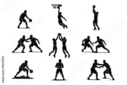 Silhouette illustrations of basketball players in action.
