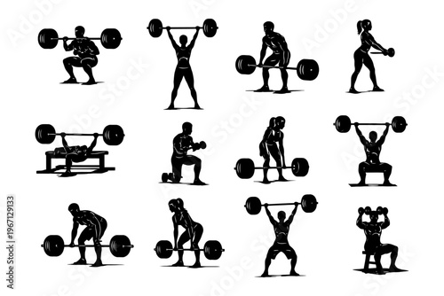 Silhouette of diverse gym workouts: men and women lifting weights in various poses.