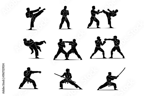 Silhouettes of martial artists practicing various techniques and forms in action.