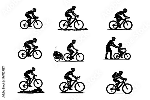 Silhouettes of cyclists and family bike rides in various poses.