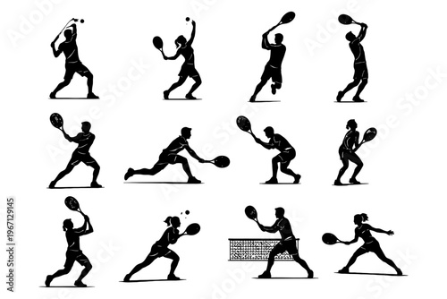 Silhouette collection of male and female tennis players in various action poses.