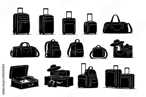 Diverse luggage and bags collection featuring suitcases, backpacks, and duffel bags.