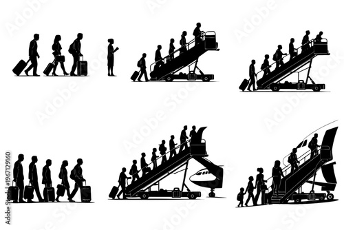 Silhouetted travelers boarding airplane steps in various poses.