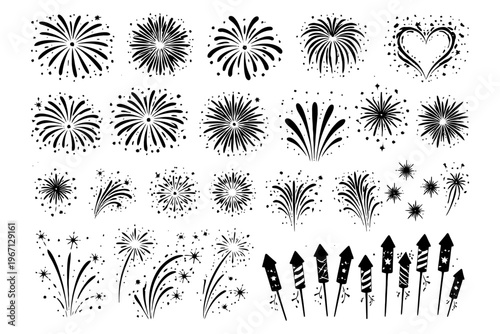 Variety of firework designs with rockets and starburst patterns.