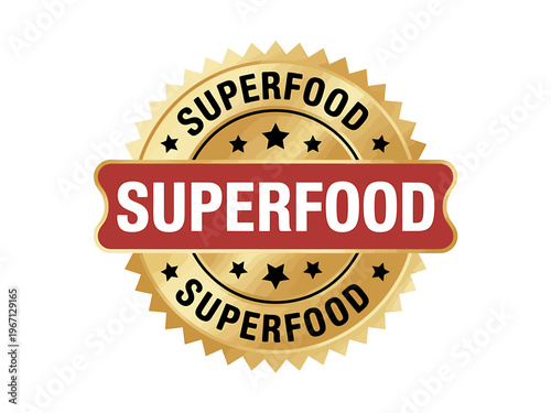 Golden superfood seal label with red banner and white text on white background