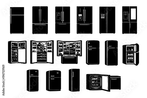Silhouette collection of various refrigerator models and designs.