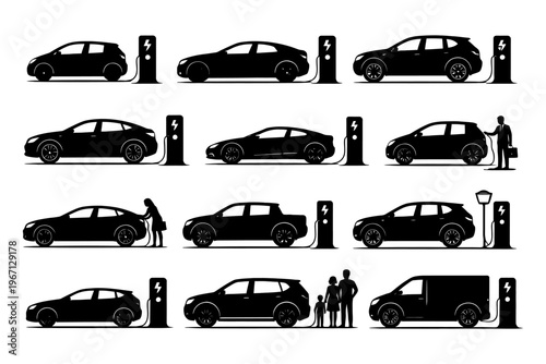 Electric cars charging at stations with diverse human silhouettes.