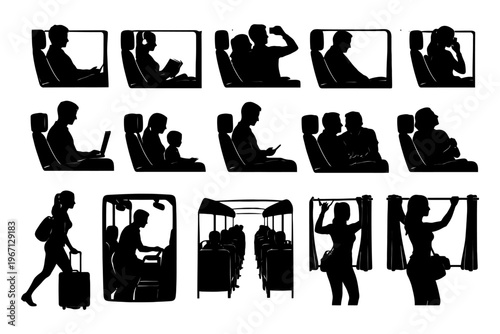 Silhouettes of people in various bus settings and activities.