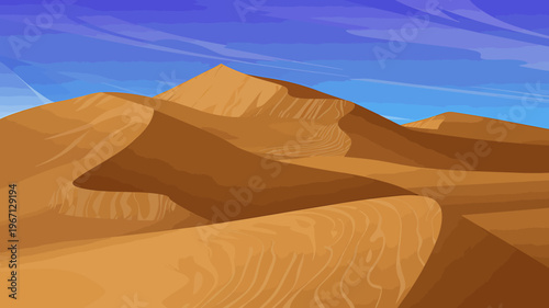 Illustration of desert landscape with sand dunes and blue sky