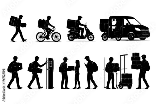 Silhouette of delivery people with various transportation and parcel handling methods.