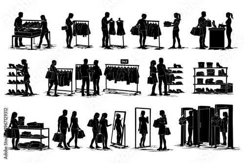 Silhouettes of diverse adults shopping for fashion and accessories in stores.