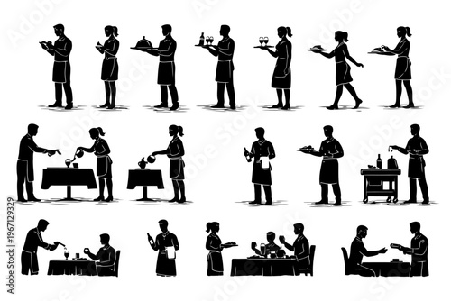 Vector silhouettes of restaurant staff and diners in various poses.
