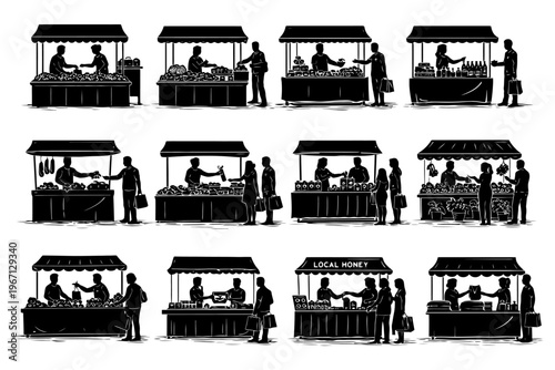 Silhouetted market stalls with vendors and shoppers interacting.