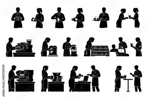 Barista silhouettes: coffee making and customer interactions in cafe.