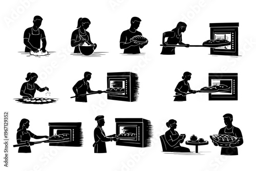 Black and white silhouettes of bakers in kitchen with bread and oven.