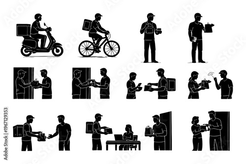 Silhouette illustrations of delivery workers on bikes and interacting with customers.