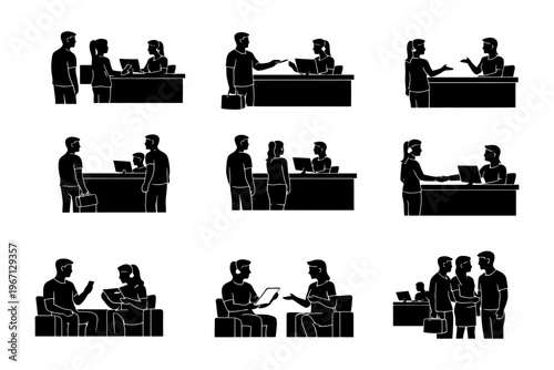 Silhouettes of people interacting in various office and social scenarios.