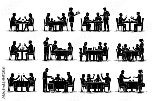 Silhouette of diverse families dining at restaurants with servers assisting.