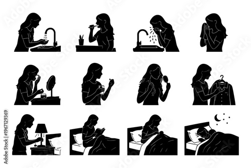 Female silhouettes illustrating nighttime skincare and bedtime routine.