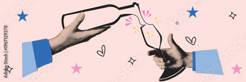 Halftone pop art dot wine glass champagne glass hand holding glass celebration drink alcohol toast party vector illustration