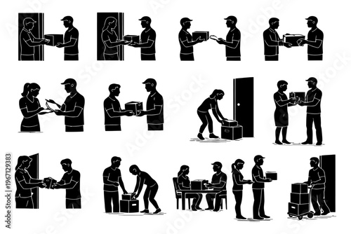 Silhouette illustrations of male and female package delivery and receipt interactions.