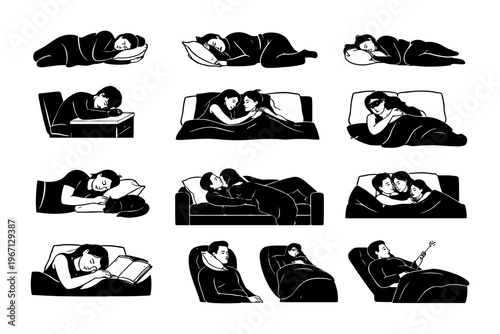 Various sleeping positions of couples and individuals illustrated in black and white.