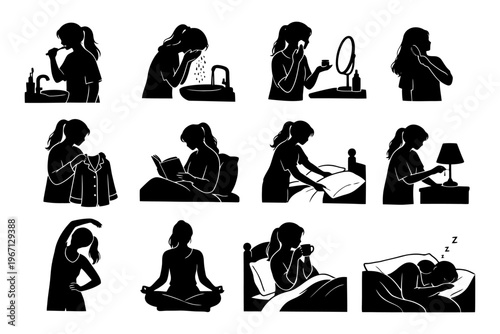 Silhouettes of woman's daily routine activities and nighttime relaxation.
