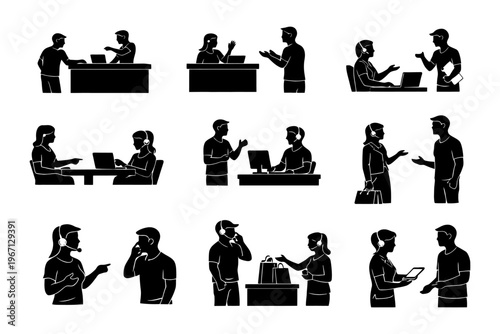 Silhouette illustrations of office and retail customer service interactions.