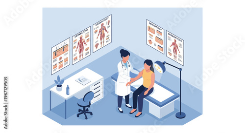 Doctor examining patient in medical examination room with anatomical charts.