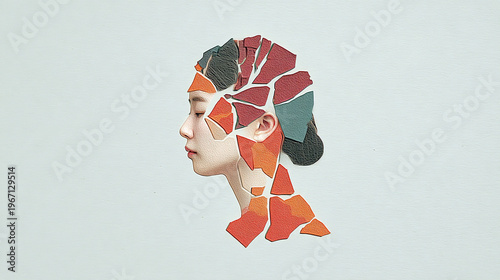 Illustration of a woman with cracked shapes moving away from her head, symbolizing mental clarity, pain relief, headache and migraine relief, and improved mental health