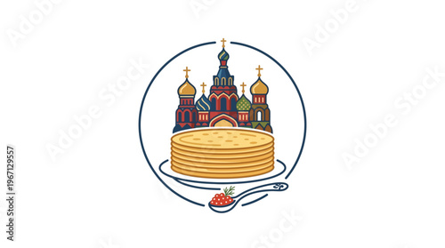 Russian Maslenitsa Symbol with Pancakes and St. Basil's Cathedral