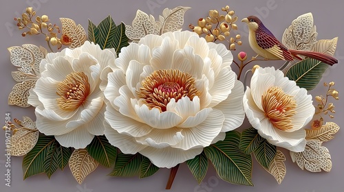 Sophisticated peony flower design with ornamental golden details high resolution Background