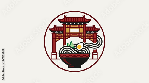 Asian Restaurant Logo with Ramen and Chinese Arch