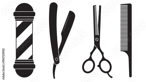 Barber pole, straight razor, scissors, and comb are depicted as black silhouettes, symbolizing barber tools.