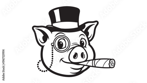 Pig head with monocle and cigar in a top hat, a whimsical cartoon character enjoying luxury, black and white illustration with bold outlines.