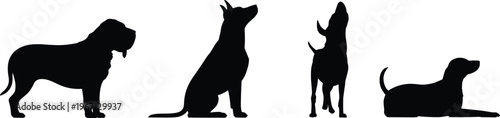 Black silhouettes set of various dog breeds including a bloodhound, sitting shepherd, howling hound, and a labrador retriever lying down