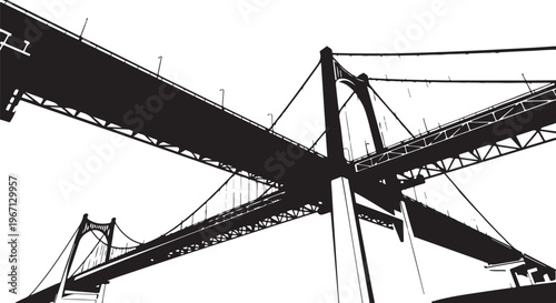 Black and white of a bridge structure suspension bridge